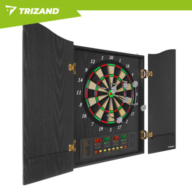 Trizand Elektronisch dartbord met afsluitbare kast, speelveld 35 cm, 4 LED displays, 27 spellen, 243 varianten, 1 tot 16 spelers, netvoeding