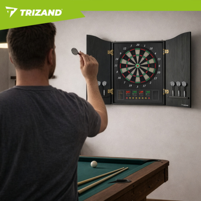 Trizand Elektronisch dartbord met afsluitbare kast, speelveld 35 cm, 4 LED displays, 27 spellen, 243 varianten, 1 tot 16 spelers, netvoeding