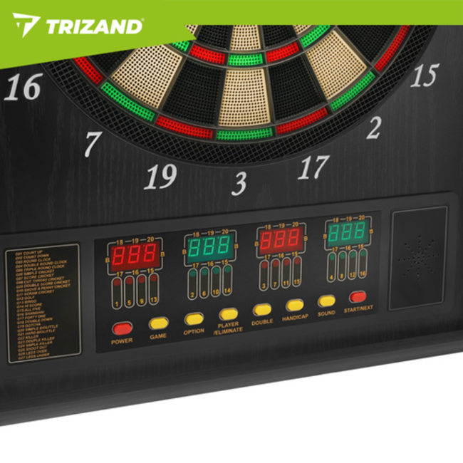 Trizand Elektronisch dartbord met afsluitbare kast, speelveld 35 cm, 4 LED displays, 27 spellen, 243 varianten, 1 tot 16 spelers, netvoeding
