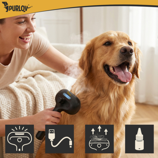 Purlov Elektrische vachtborstel met stoom en massage, zelfreiniging met één knop, voor honden en katten, met watertank 35 ml