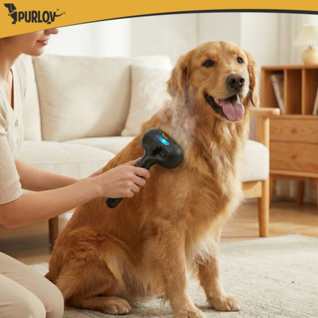 Purlov Elektrische vachtborstel met stoom en massage, zelfreiniging met één knop, voor honden en katten, met watertank 35 ml