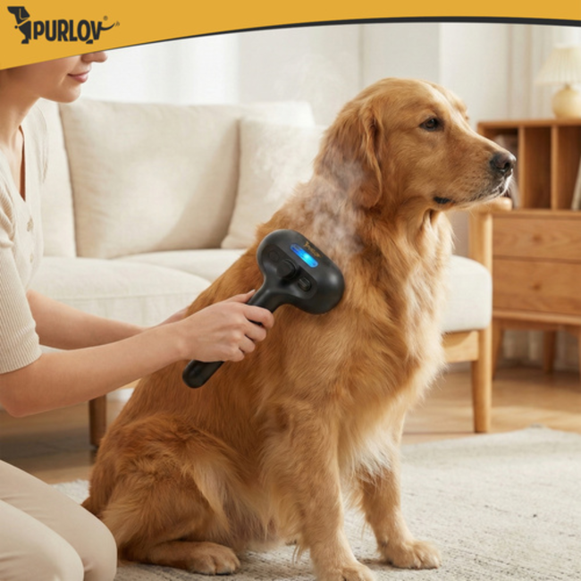 Purlov Elektrische vachtborstel met stoom en massage, zelfreiniging met één knop, voor honden en katten, met watertank 35 ml