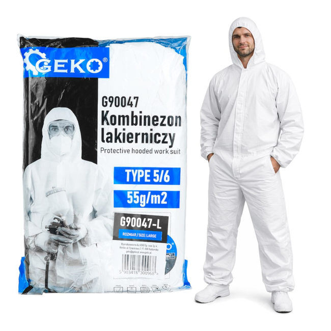 GEKO Schilderoverall maat L 55 g/m2 met PE coating, type 5/6 tegen stof en lichte vloeistofspatten, met capuchon