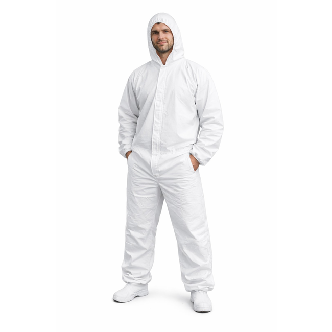 GEKO Schilderoverall maat L 55 g/m2 met PE coating, type 5/6 tegen stof en lichte vloeistofspatten, met capuchon