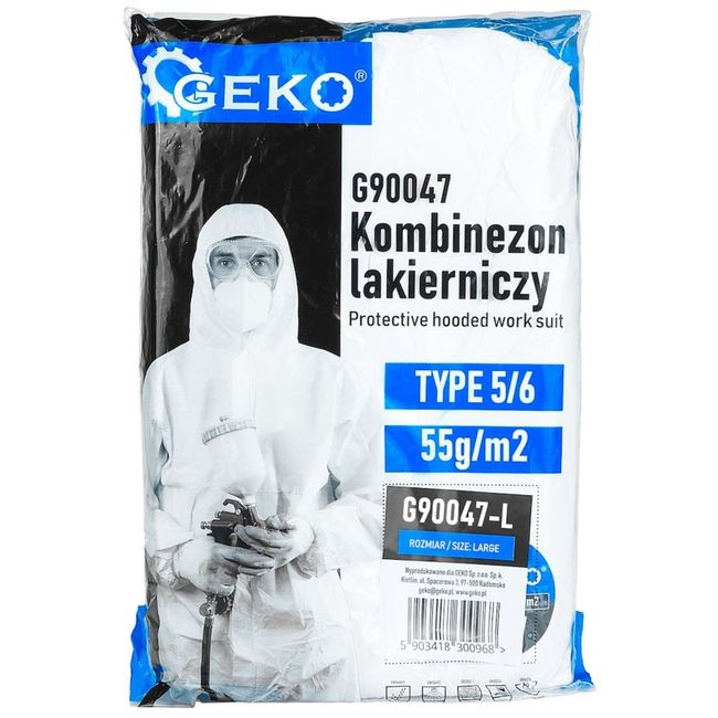 GEKO Schilderoverall maat L 55 g/m2 met PE coating, type 5/6 tegen stof en lichte vloeistofspatten, met capuchon