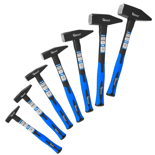 GEKO Hamer set 7 gewichten met glasvezel steel, 100 g 200 g 300 g 500 g 1000 g 1500 g 2000 g, voor werkplaats en bouw