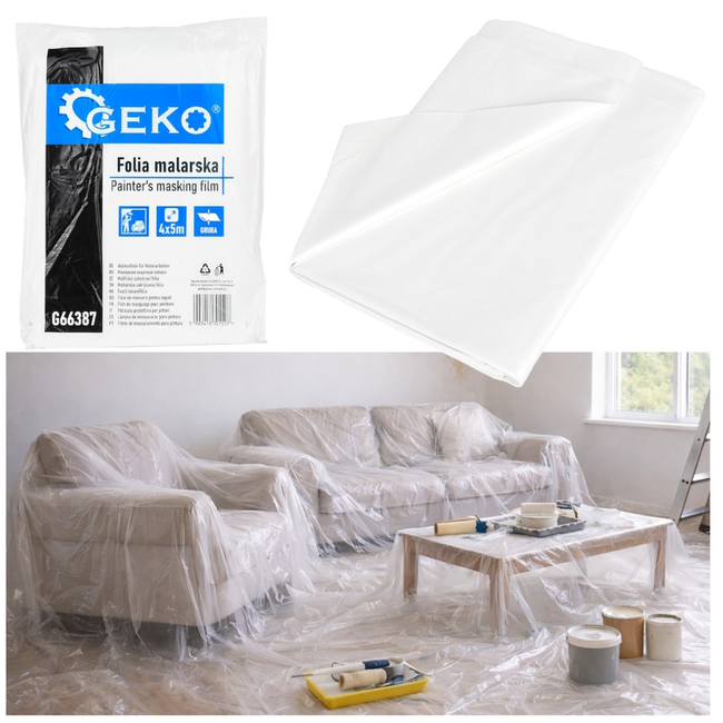 GEKO Extra sterke schilderfolie 4 x 5 m 20 m2, dik en duurzaam, ideaal voor vloer en meubels bij intensieve klussen