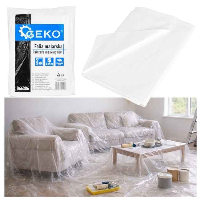 GEKO Stevige schilderfolie afdekfolie 4 x 5 m LDPE transparant 14 microns, beschermt 20 m2 vloer en meubels tegen verf en stof