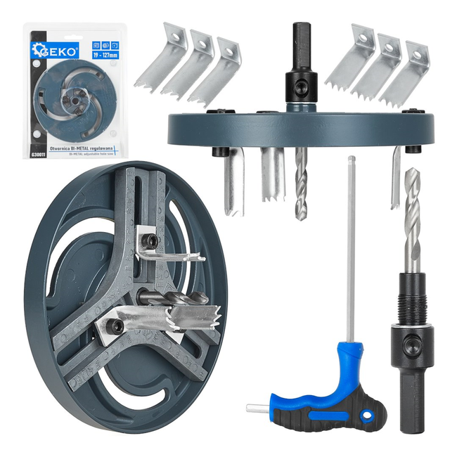 GEKO Verstelbare bi-metaal gatenzaag 19–127 mm voor hout, gipsplaat en kunststof, inclusief 2 modules en centreerboor
