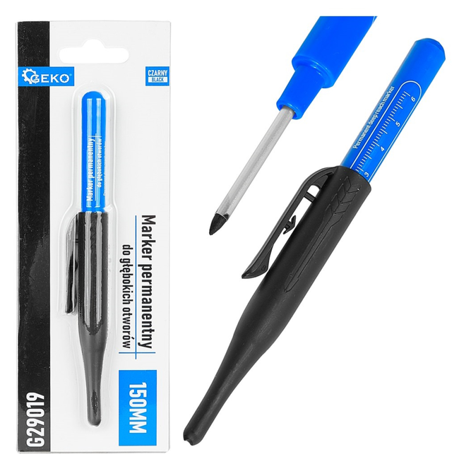 GEKO Diep gat marker met lange punt, permanente zwarte inkt voor montage en installatie, 150 mm en met clip