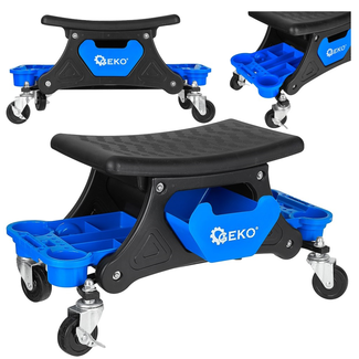 GEKO Draaibare garagekruk op wielen met remmen en opbergvakken, rolkruk met stalen frame en antislip zitting