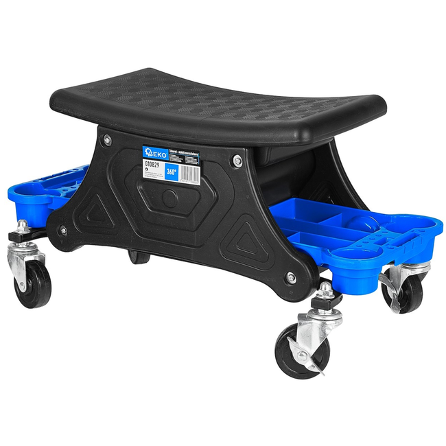 GEKO Draaibare garagekruk op wielen met remmen en opbergvakken, rolkruk met stalen frame en antislip zitting