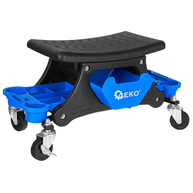 GEKO Draaibare garagekruk op wielen met remmen en opbergvakken, rolkruk met stalen frame en antislip zitting