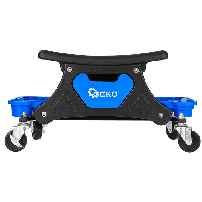 GEKO Draaibare garagekruk op wielen met remmen en opbergvakken, rolkruk met stalen frame en antislip zitting