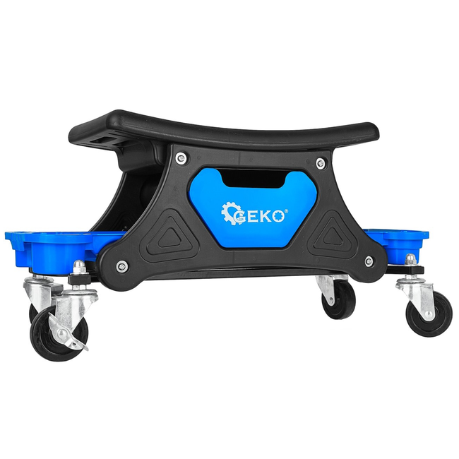 GEKO Draaibare garagekruk op wielen met remmen en opbergvakken, rolkruk met stalen frame en antislip zitting