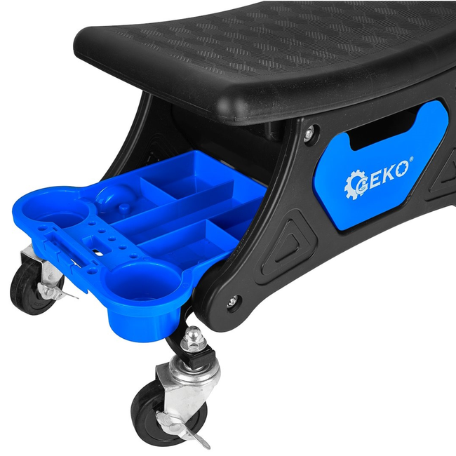 GEKO Draaibare garagekruk op wielen met remmen en opbergvakken, rolkruk met stalen frame en antislip zitting