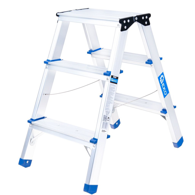 GEKO Lichtgewicht dubbelzijdige huishoudtrap 3 treden met platform 18 x 30 cm, max 150 kg en makkelijk op te bergen