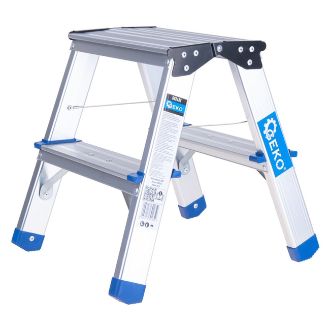 GEKO Compacte dubbelzijdige huishoudtrap 2 treden met platform 18 x 30 cm, max 150 kg, antislip doppen en veiligheidskabels