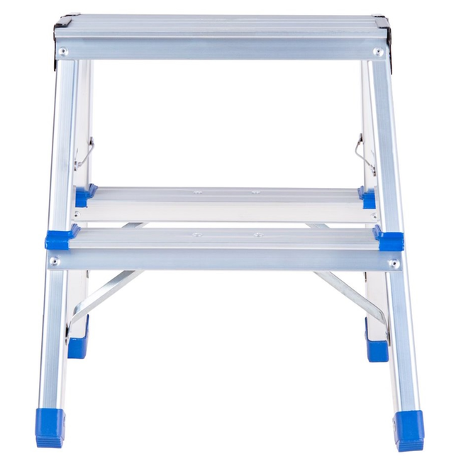 GEKO Compacte dubbelzijdige huishoudtrap 2 treden met platform 18 x 30 cm, max 150 kg, antislip doppen en veiligheidskabels