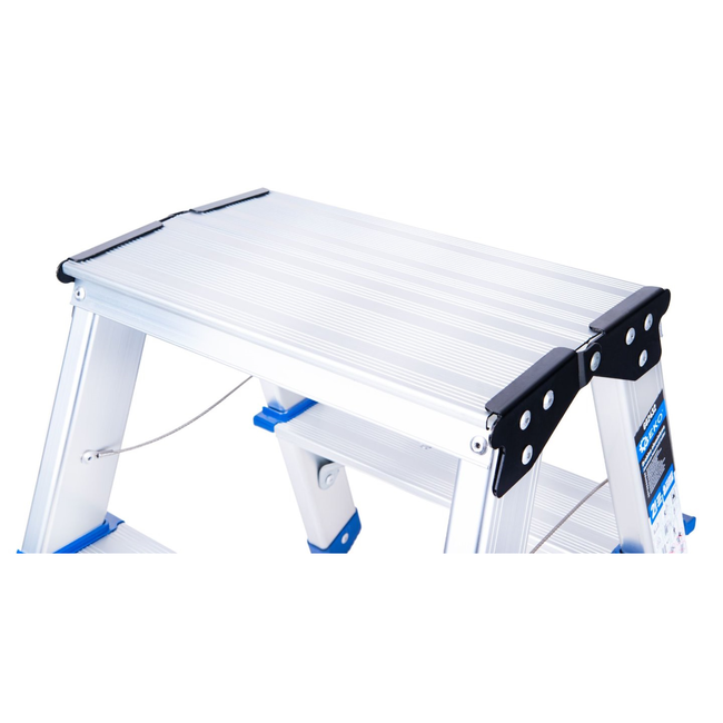 GEKO Compacte dubbelzijdige huishoudtrap 2 treden met platform 18 x 30 cm, max 150 kg, antislip doppen en veiligheidskabels