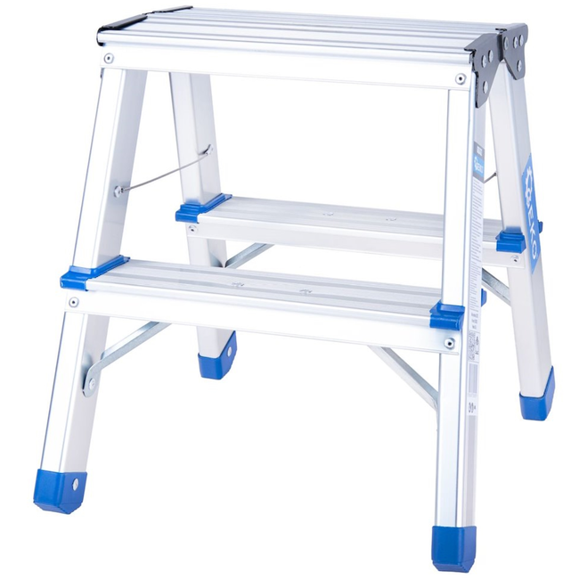 GEKO Compacte dubbelzijdige huishoudtrap 2 treden met platform 18 x 30 cm, max 150 kg, antislip doppen en veiligheidskabels