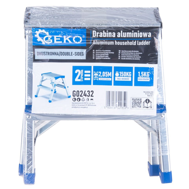 GEKO Compacte dubbelzijdige huishoudtrap 2 treden met platform 18 x 30 cm, max 150 kg, antislip doppen en veiligheidskabels