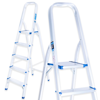 GEKO Aluminium huishoudtrap 5 treden met veiligheidsbeugel, werkhoogte ongeveer 3 m, tot 150 kg