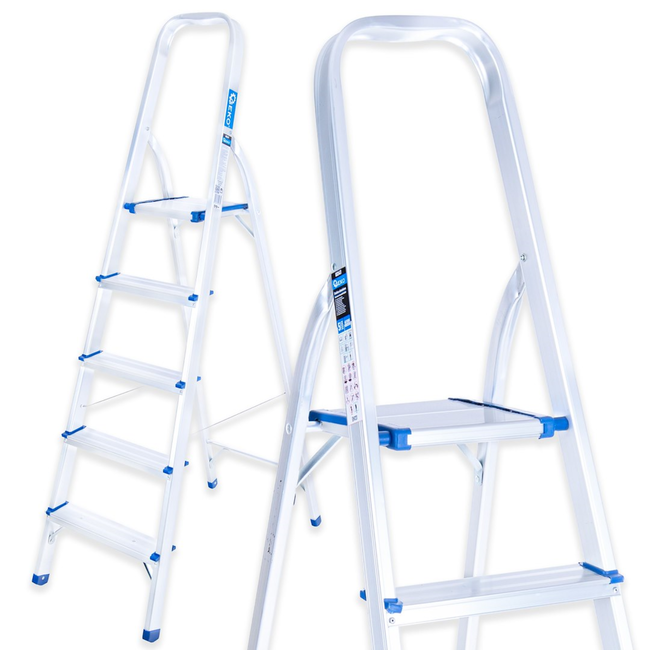 GEKO Aluminium huishoudtrap 5 treden met veiligheidsbeugel, werkhoogte ongeveer 3 m, tot 150 kg