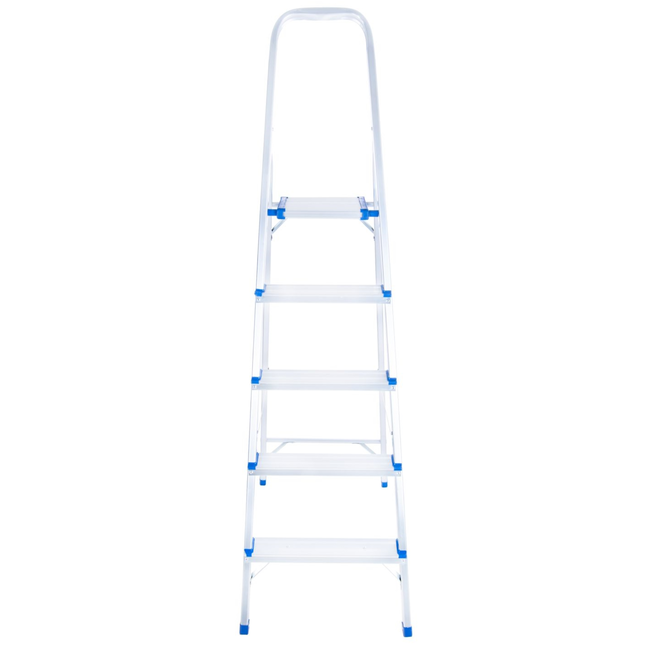 GEKO Aluminium huishoudtrap 5 treden met veiligheidsbeugel, werkhoogte ongeveer 3 m, tot 150 kg