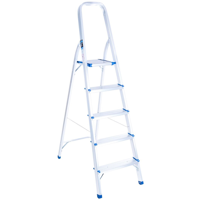 GEKO Aluminium huishoudtrap 5 treden met veiligheidsbeugel, werkhoogte ongeveer 3 m, tot 150 kg