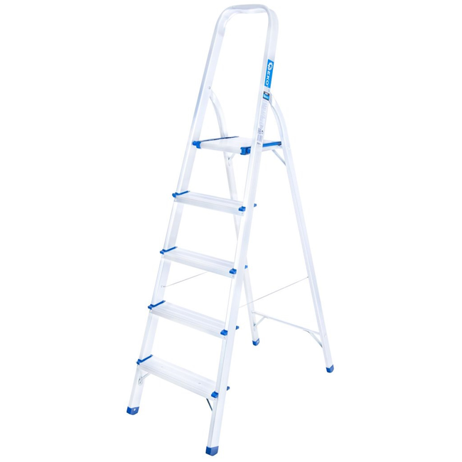GEKO Aluminium huishoudtrap 5 treden met veiligheidsbeugel, werkhoogte ongeveer 3 m, tot 150 kg