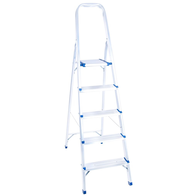 GEKO Aluminium huishoudtrap 5 treden met veiligheidsbeugel, werkhoogte ongeveer 3 m, tot 150 kg