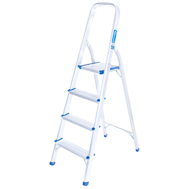 GEKO Aluminium huishoudtrap 4 treden met veiligheidsbeugel, werkhoogte ongeveer 2,75 m, tot 150 kg