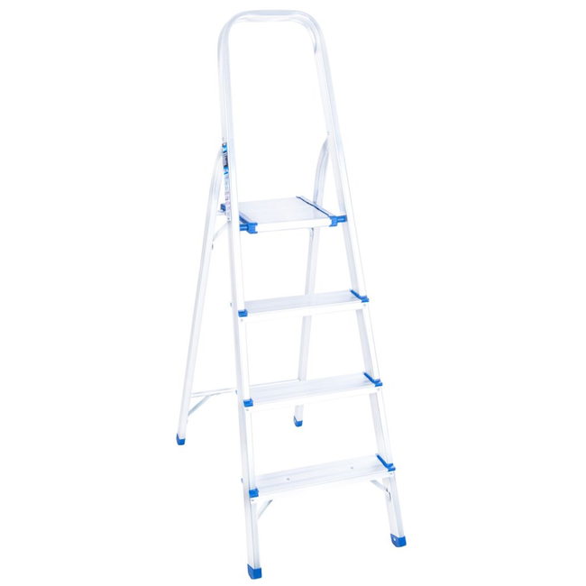 GEKO Aluminium huishoudtrap 4 treden met veiligheidsbeugel, werkhoogte ongeveer 2,75 m, tot 150 kg