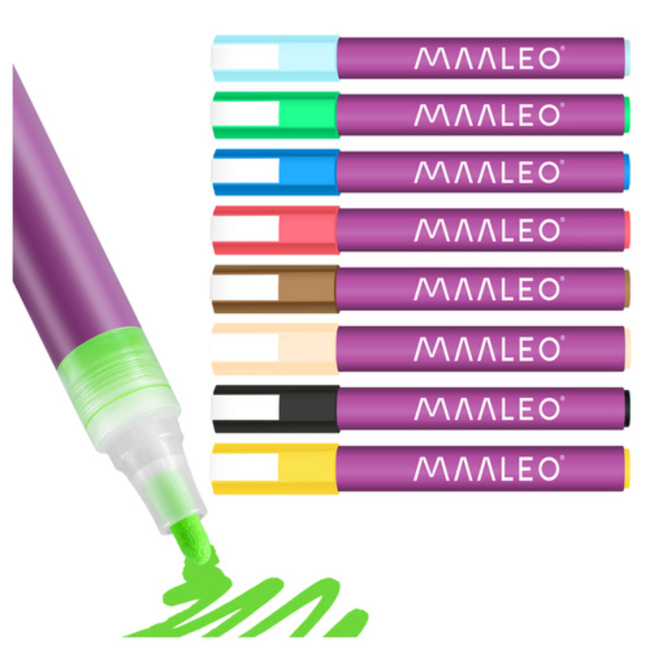 Maaleo Acrylmarkers set 8 kleuren met 8 ml acrylverf, ca. 4 mm punt, waterbestendig na droging