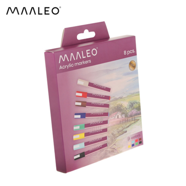 Maaleo Acrylmarkers set 8 kleuren met 8 ml acrylverf, ca. 4 mm punt, waterbestendig na droging