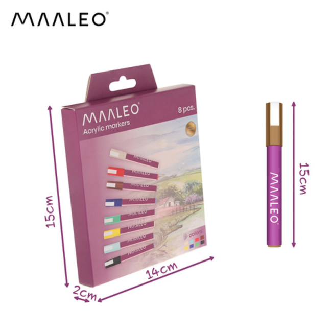 Maaleo Acrylmarkers set 8 kleuren met 8 ml acrylverf, ca. 4 mm punt, waterbestendig na droging