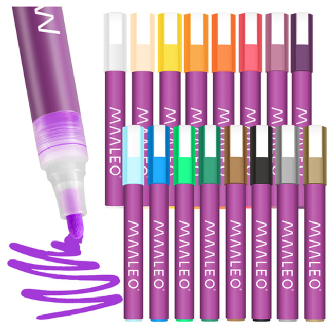 Maaleo Acrylmarkers set 16 kleuren met 8 ml acrylverf, ca. 4 mm punt, waterbestendig na droging