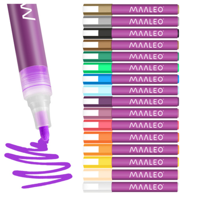 Maaleo Acrylmarkers set 16 kleuren met 8 ml acrylverf, ca. 4 mm punt, waterbestendig na droging
