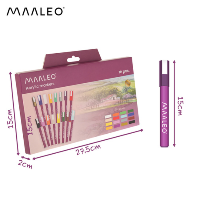 Maaleo Acrylmarkers Set 16 Kleuren – 8 ml, Sterke Dekking, Waterbestendig na Droging