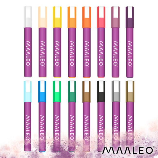 Maaleo Acrylmarkers set 16 kleuren met 8 ml acrylverf, ca. 4 mm punt, waterbestendig na droging