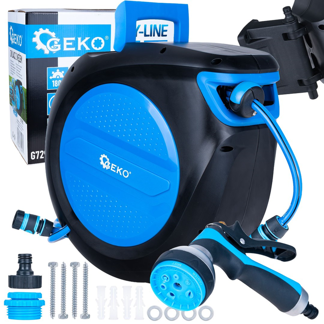GEKO Wandslanghaspel met automatisch oprollen en vergrendeling, 30 m slang 12,7 mm en aansluitslang 1,9 m