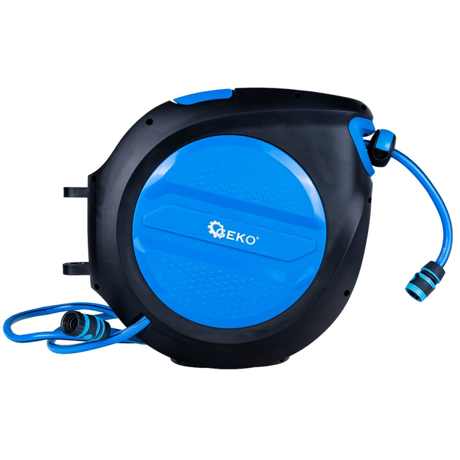 GEKO Wandslanghaspel met automatisch oprollen en vergrendeling, 30 m slang 12,7 mm en aansluitslang 1,9 m