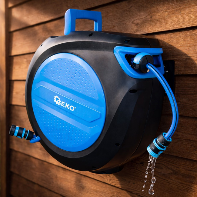 GEKO Wandslanghaspel met automatisch oprollen en vergrendeling, 30 m slang 12,7 mm en aansluitslang 1,9 m