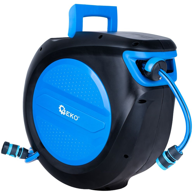GEKO Wandslanghaspel met automatisch oprollen en vergrendeling, 30 m slang 12,7 mm en aansluitslang 1,9 m