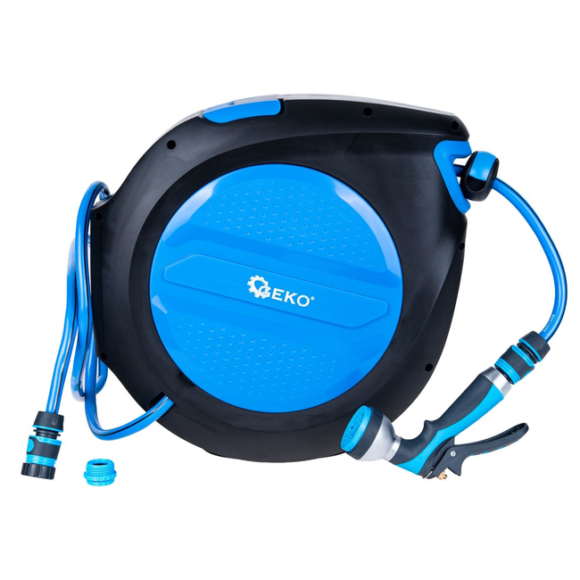 GEKO Wandslanghaspel met automatisch oprollen en vergrendeling, 30 m slang 12,7 mm en aansluitslang 1,9 m