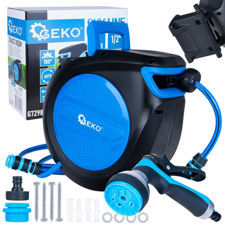 GEKO Wandslanghaspel met automatisch oprollen en vergrendeling, 20 m slang 12,7 mm en aansluitslang 1,9 m