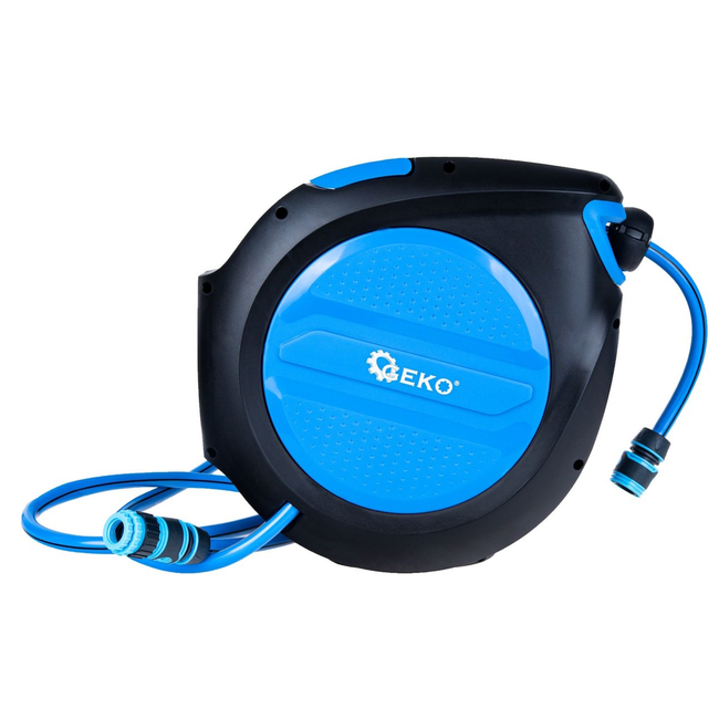 GEKO Wandslanghaspel met automatisch oprollen en vergrendeling, 20 m slang 12,7 mm en aansluitslang 1,9 m