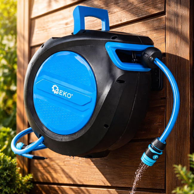 GEKO Wandslanghaspel met automatisch oprollen en vergrendeling, 20 m slang 12,7 mm en aansluitslang 1,9 m
