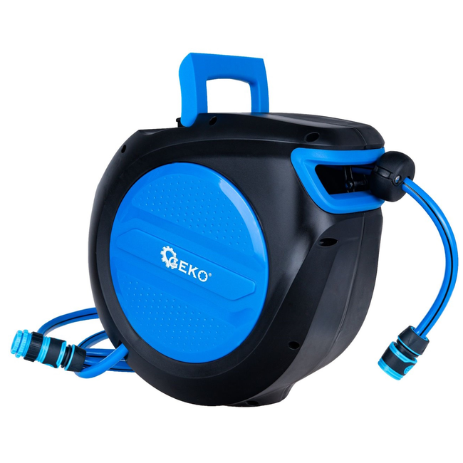 GEKO Wandslanghaspel met automatisch oprollen en vergrendeling, 20 m slang 12,7 mm en aansluitslang 1,9 m